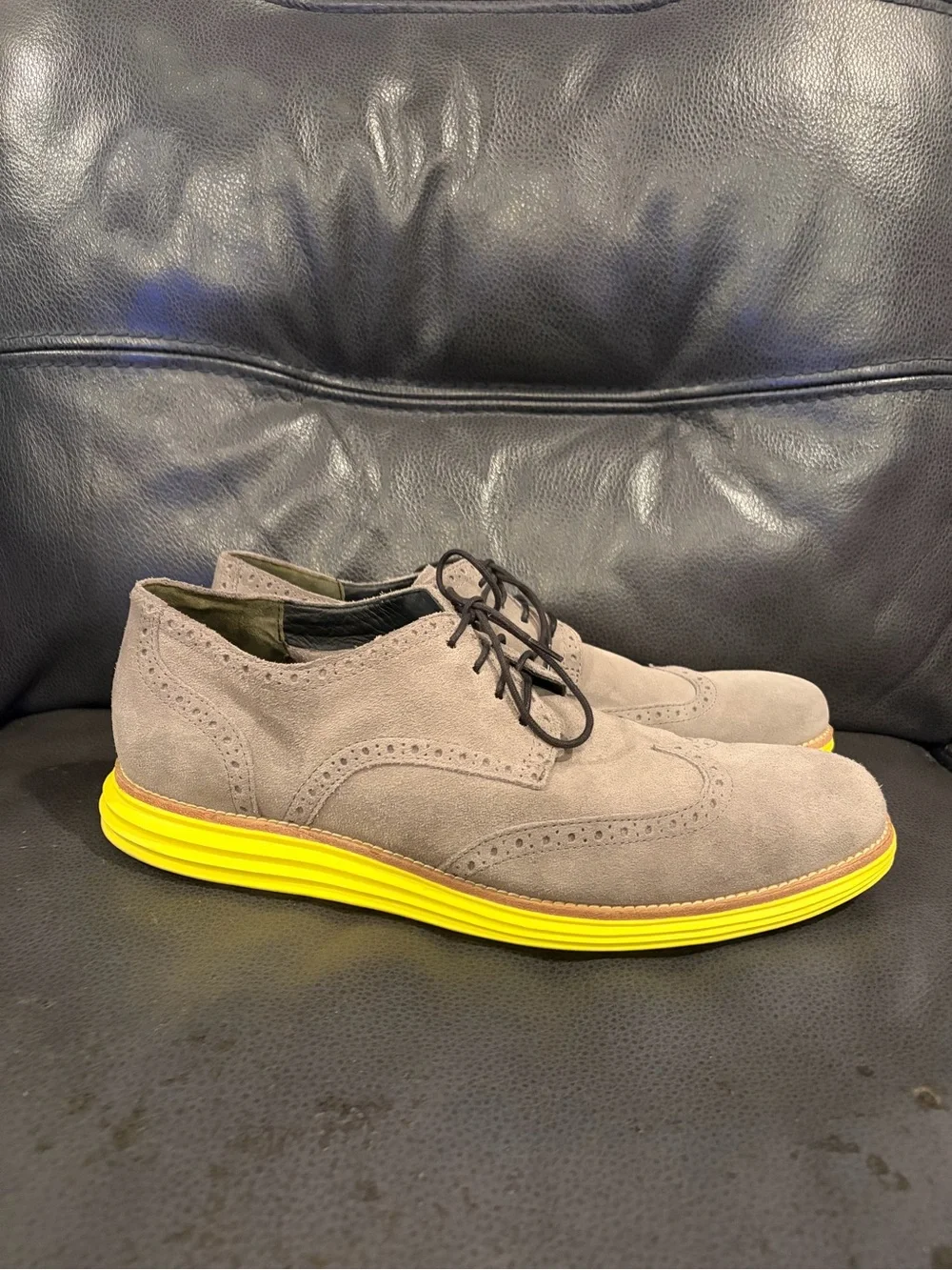 Cole Haan Grey Suede Wingtip Oxford with Yellow Sole